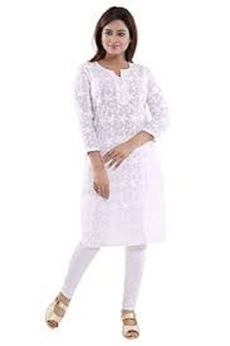 Silk Full Sleeves Womens Ethnic White Chikankari Pure Cotton Straight Ladies Kurta