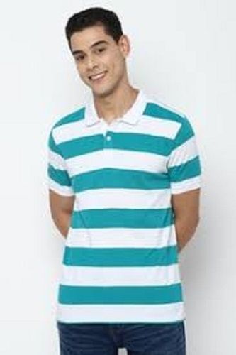 100% Cotton Fabric White And Blue Color Strips Half Sleeves V Neck Mens T-shirts