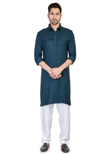 Dry Cleaning Blue Colour Pure Cotton Mens Soft Natural Fiber Printed Pathani Kurta