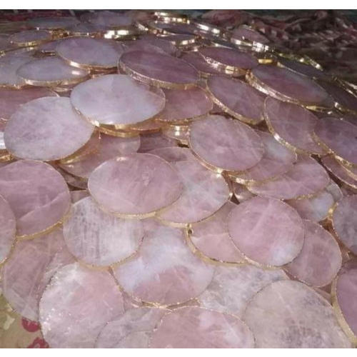 Decorative Round Shape Pink Color Golden Edge Quartz Coasters Size: Different Sizes Available