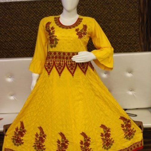 Quick Dry Full Sleeve Floral Designer Yellow Colour Cotton Embroidered Ladies Kurti