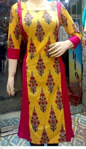 Quick Dry Ladies Yellow And Pink Colour Formal Wear Cotton Kurti With 3/4 Sleeves