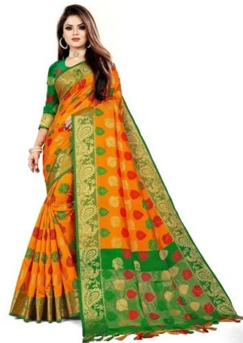 Orange Green Saree in Kora Muslin Kalamkari Silk - Clothsvil