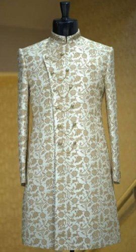 White Party Wear Silk Fabric Cream Color Printed Mens Wedding Sherwani