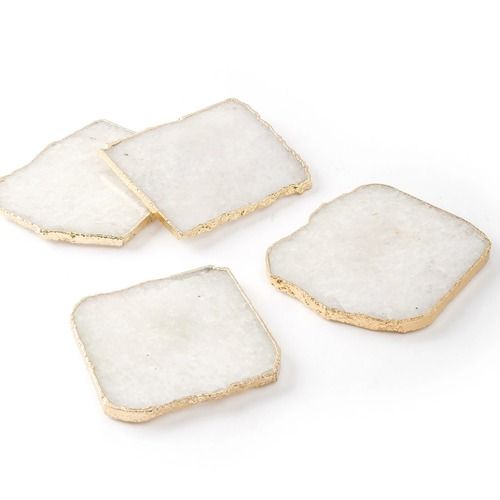 Square Shape Clear Rose Quartz Stone Coasters With Gold Leaf Rim For Home Decoration