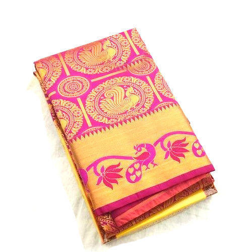 Cotton Trendy, Stylish And Comfortable Pink Colour Peacock Design Assam Art Silk Saree