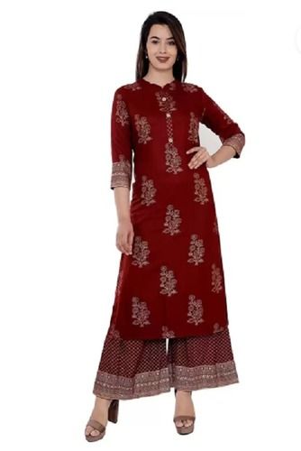 Indian Fancy Stylish Designer Short Sleeve Embroidered Rayon Red Palazzo Suit For Ladies 