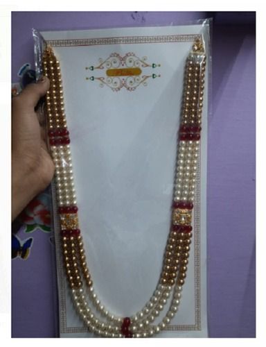 Light Weight And Designer Red And White Golden Pearl Wedding Mala For Men