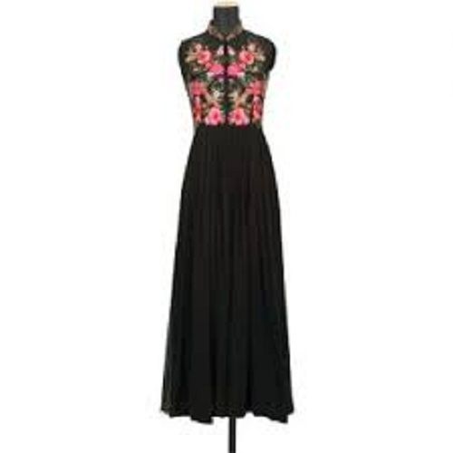 Indian Black Color Sleeveless Cooler Neck Printed Pattern Women Gown For Casual Wear