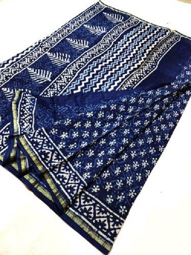 Traditional Blue Color Indigo Hand Block Cotton Printed Saree With Unstitched Blouse Piece