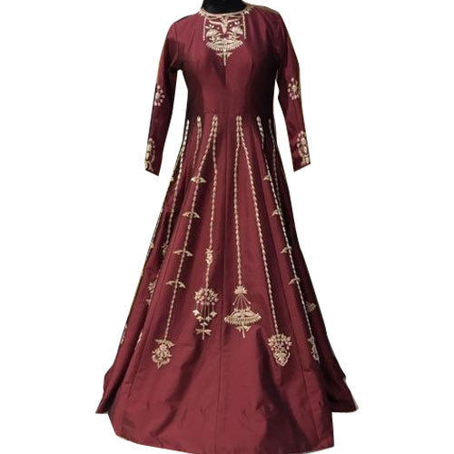 Maroon Color Comfortable To Wear Eye Catching Look Full Sleeves Embroidery Ladies Gown