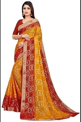 Daily Wear Yellow And Red Womens Faux Georgette Printed Banarasi Saree With Blouse Piece