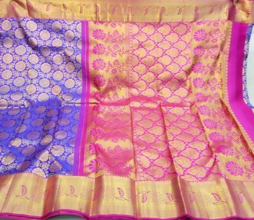 Traditional Blue And Pink Colour Pure Silk Ladies Bridal Saree With Blouse Piece Set