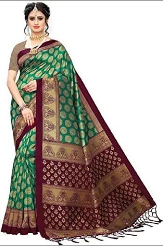 Party Wear Lightweight Stylish Maroon And Green Color Printed Banarasi Silk Saree For Women