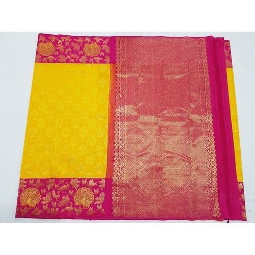 Traditional Pure Silk Printed 6.3M Yellow Colour Bridal Saree With Blouse Piece Set