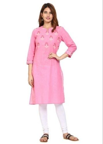 Dry Cleaning Regular Fit Round Neck 3/4 Sleeves Pink Printed Cotton Ladies Kurti