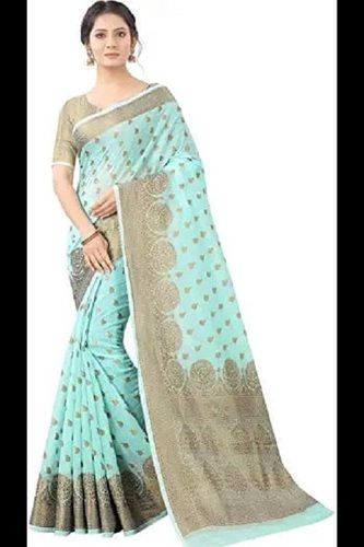 Aqua Blue Womens Banarasi Cotton Silk Zari Butta Golden Zari Border Saree With Blouse Piece