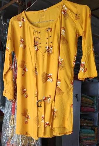 Summer Yellow Color Floral Printed Round Neck Bell Sleeves Style Casual Wear Ladies Tops