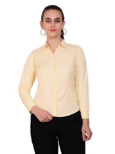 Pale Yellow Color Women'S Regular Fit Cotton Shirt With Buttoned Down, Collared Full Sleeves  Age Group: 19