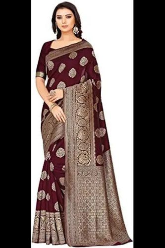 Printed Attractive Look Party Wear Maroon Banarasi Cotton Silk Saree With Unstitched Blouse