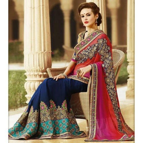 Multi Color Elegant And Beautiful Women Light Pink And Blue Silk Embroidered Saree