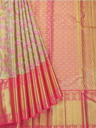 Printed Embroider Design Pink Color Kanchipuram Silk Saree With Blouse Piece Set