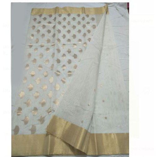 Golden Color And White Color Embroidered Silk Saree Available With An Unstitched Art Silk Blouse