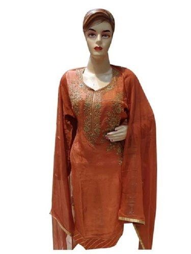 Orange Indian Ethnic Wear Womens Cotton Silk Unstitched Salwar Suits With Dupatta