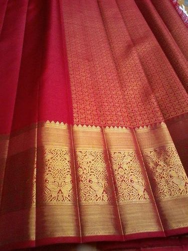 Cotton Silk Golden Color Mixed Red Color Kanchipuram Pattu Saree With Blouse Piece Set