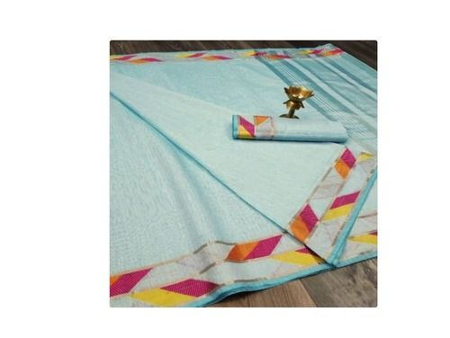 Cotton Light Sky Blue And Multi Color Border Casual Wear Saree With 5.5 Meter Length