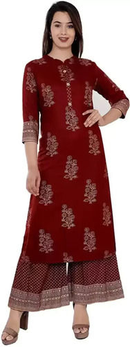 Indian Maroon Color Women 3/4 Sleeves Printed Rayon Straight Kurta With Palazzo