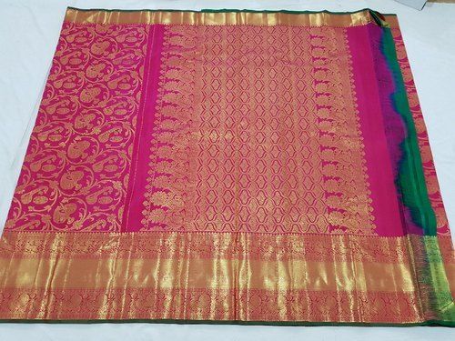 Printed Pink Color Designer Kanchipuram Ladies Silk Sarees With Blouse Piece Set