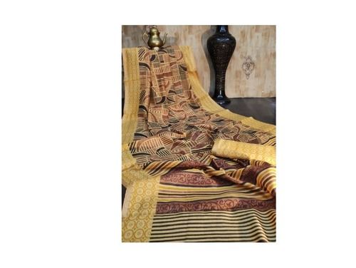 Brown Printed Linen Cotton Womens Sarees With 6.3 Meter Length And Blouse 