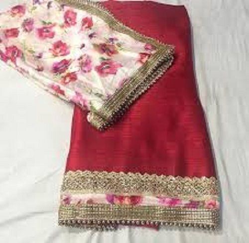 Red Color Plain Pattern Unstitched Salwar Suit With Printed Dupatta For Casual And Formal Wear Decoration Material: Stones