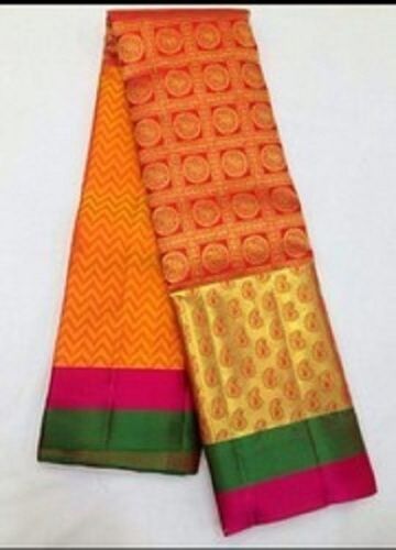 Cotton Silk Modern Design Dark Orange Color Wedding Wear Golden Saree With Blouse Piece Set