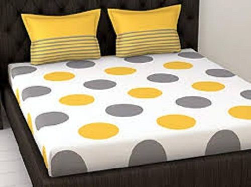 White And Yellow Color Printed Pattern Traditional Double Bed Sheet With Two Pillow Cover
