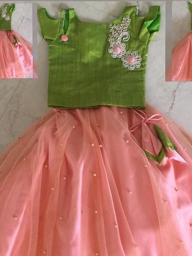 Green And Pink Color Netted Sleeveless Fancy Highly Breathable Kids Lehnga Decoration Material: Laces