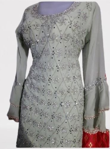 Dry Cleaning Ladies Light Grey Color Fancy Party Wear Kurti With Embroidered Work