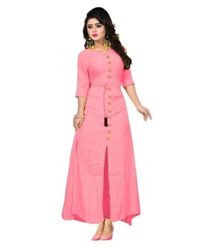 Cool Dry Ladies Washable And Comfortable Designer Knee Length Pink Rayon A Line Kurti