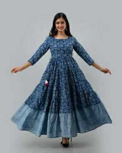 Blue Party Wear Anarkali Style Ladies Silk Kurti In Full Sleeve And O Neck Type 