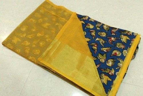 Summer Casual Wear Blue And Yellow Color Kalamkari Saree With Cotton Materials