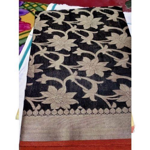 Daily Wear Black Color Flower Printed Ladies Saree With Cotton Silk Materials