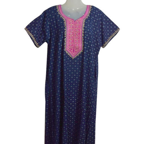 Vibrant Blue And White Colour Printed Cotton Nighty With Half Sleeves