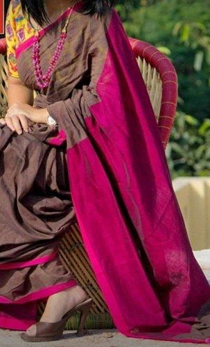 Brown And Pink Colour And Linen Cotton Saree With Blouse Piece Set