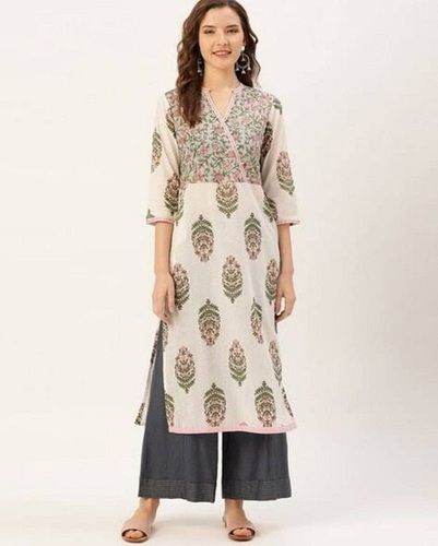 Indian Floral Printed V Neck 3-4Th Sleeves Cotton Casual Wear Ladies Palazzo Suit