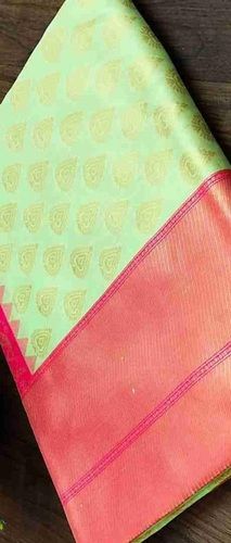 Party Wear Green And Red Color Golden Patch Work Art Raw Silk Saree With Blouse Piece