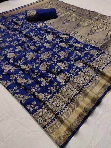 Party Wear Navy Blue Colour Printed Ladies Art Silk Saree With Blouse Piece Set