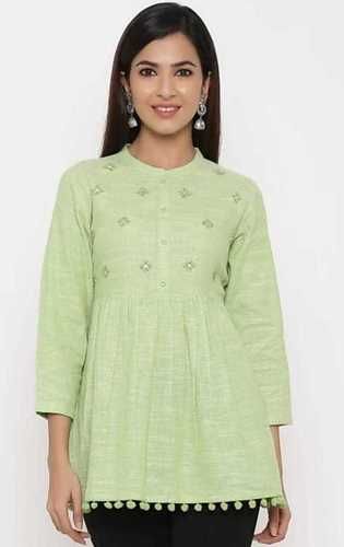 Stylish Green Color 100% Cotton Embroidered Regular Tops, For Women