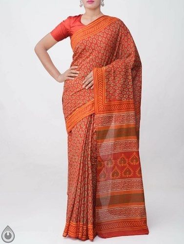 Orange Super Fine Pure Mulmul Cotton Saree With Prints