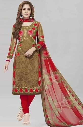 Women'S 100% Cotton Silk Floral Print Red And Brown Color Printed Salwar Suit Bust Size: 12 Inch (In)